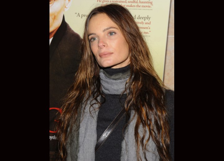 Gabrielle Anwar wearing a turtleneck and grey scarf