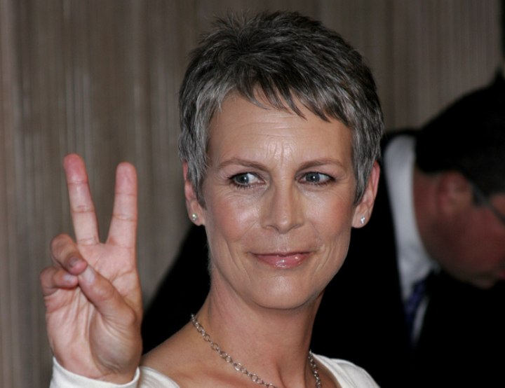 Jamie Lee Curtis with short grey hair