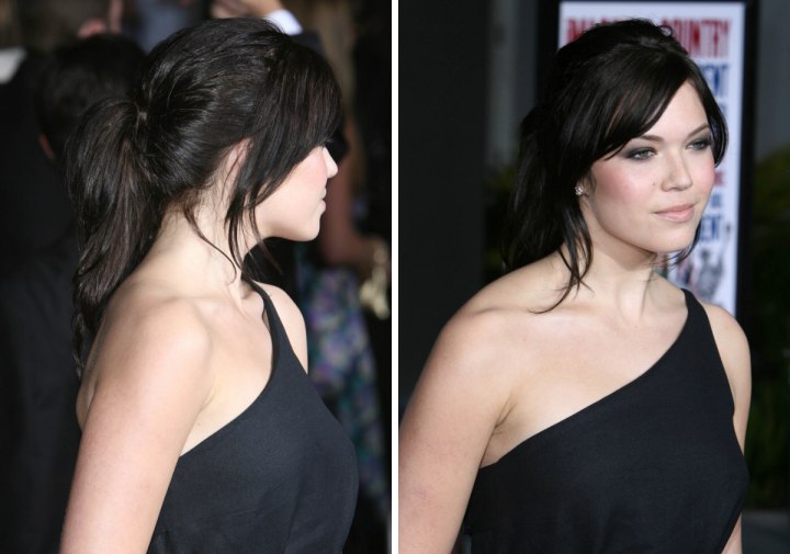 Mandy Moore's dark brown hair styled up and down