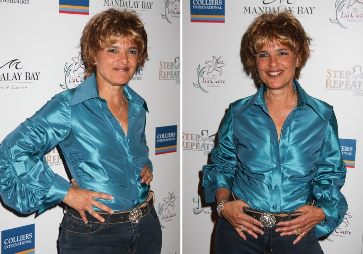 Shari Belafonte wearing a blue satin blouse