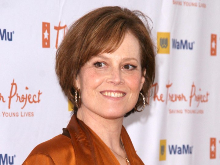 Sigourney Weaver with short hair.