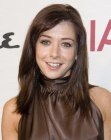 Alyson Hannigan's long brown hair with razor cutting and side bangs