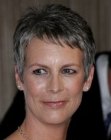 Jamie Lee Curtis pixie haircut for short grey hair