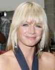 Zoe Ball with her blonde hair cut into a shoulder length style with long bangs