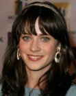 Zoey Deschanel wearing her hair long and with thick flat bangs
