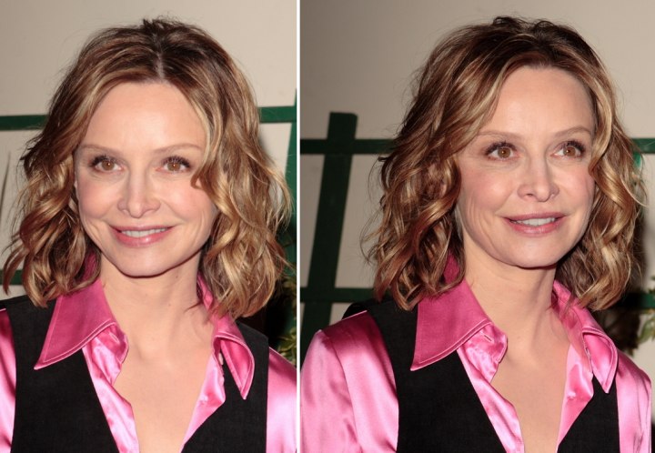 Calista Flockhart - Medium length hairstyle and a pink satin blouse