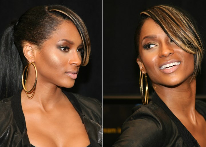 Ciara with her hair brought back into a ponytail