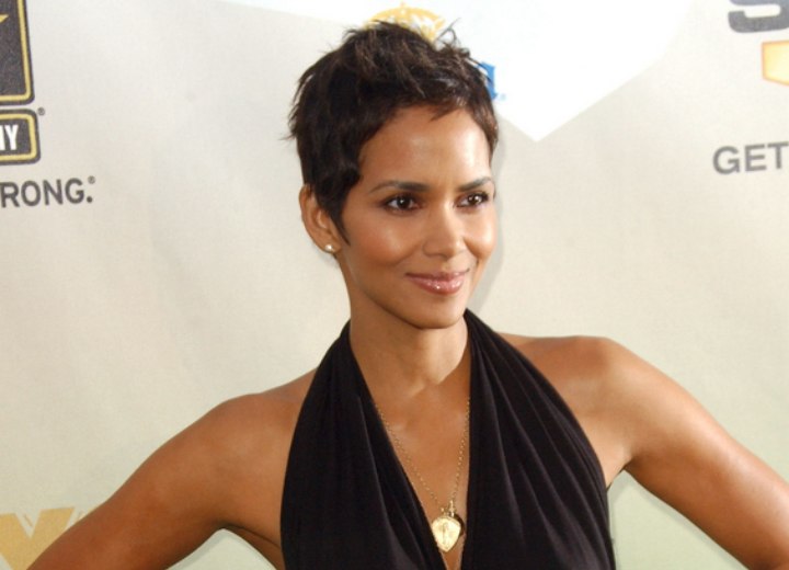 Halle Berry with her hair cut around the ears