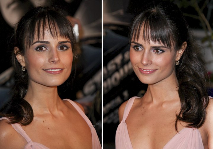 Jordana Brewster wearing a simple hairstyle with long and thin bangs