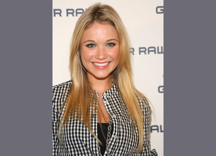 Katrina Bowden with long blonde and silky hair