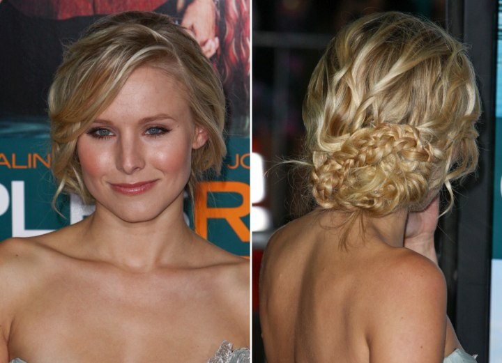 Kristen Bell's hair styled up with a braid