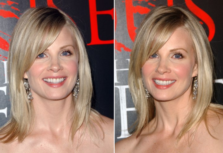 Monica Potter with flowing hair that lies upon her shoulders