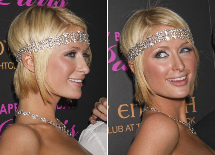 Paris Hilton's short hair with jeweled headband for a 