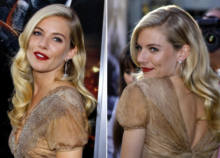 Sienna Miller wearing her hair long with curls