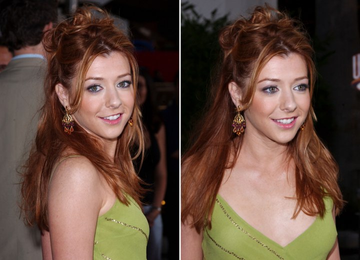Alyson Hannigans Long Red Hair In A Partial Up Style With Hair Sweeping Across The Shoulders