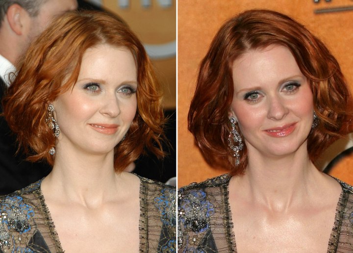 Cynthia Nixon with a semi-short hairstyle that covers her 