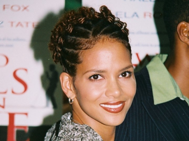 Halle Berry with her short hair styled up