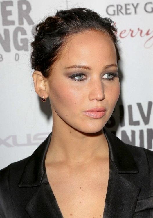 Jennifer Lawrence  Dark brown hair in a bun to enjoy the 