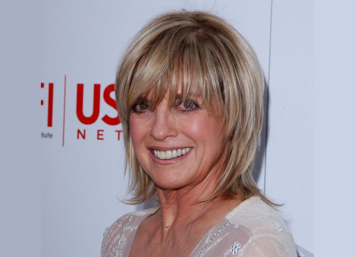 Linda Gray wearing a short shag haircut