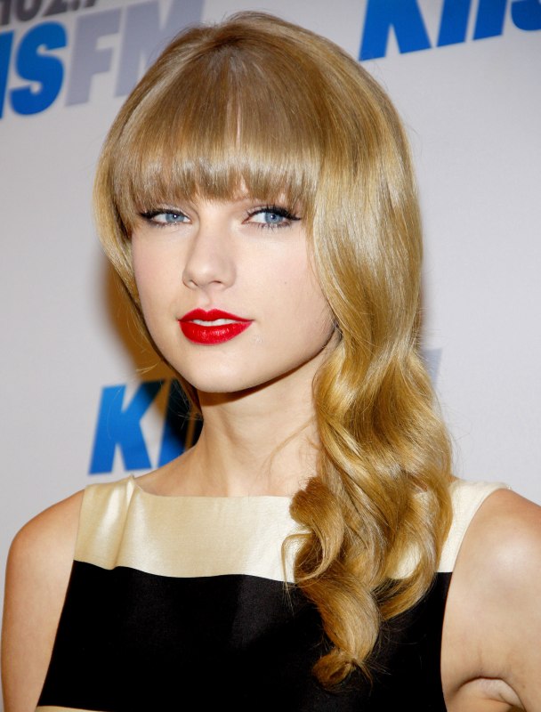 Taylor Swift  Long loosely curled hair with full bangs