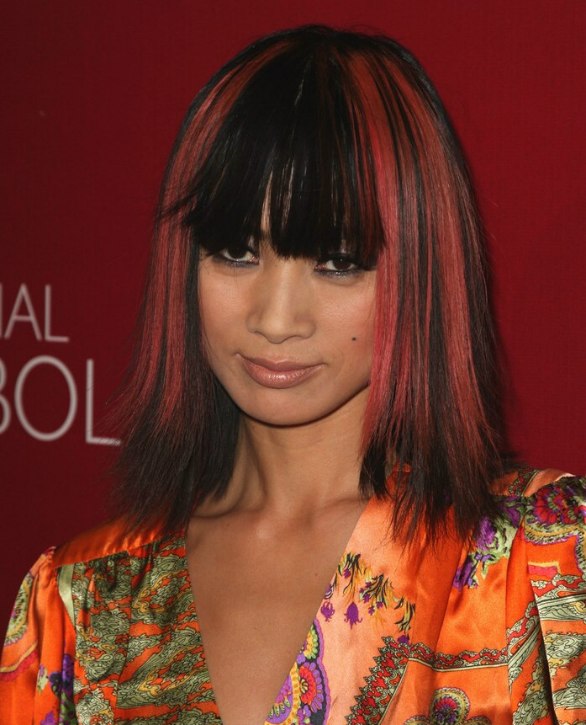 Bai Ling wearing her hair open in a long black bob with 