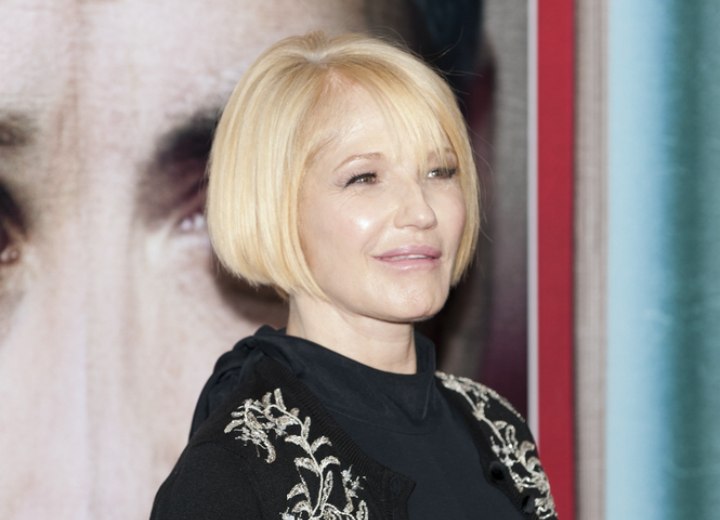 Ellen Barkin with a short and slightly angled bob haircut