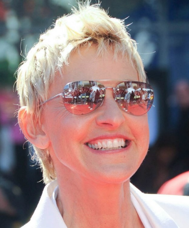 Ellen Degeneres slithered pixie haircut  Hair clipped up 