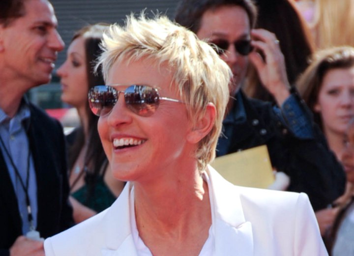 Ellen Degeneres slithered pixie haircut  Hair clipped up 