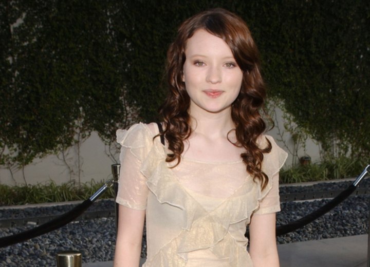 Emily Browning wearing an old fashioned skin color dress