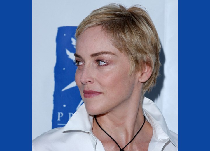 Sharon Stone - Pixie cut with hair over the ears