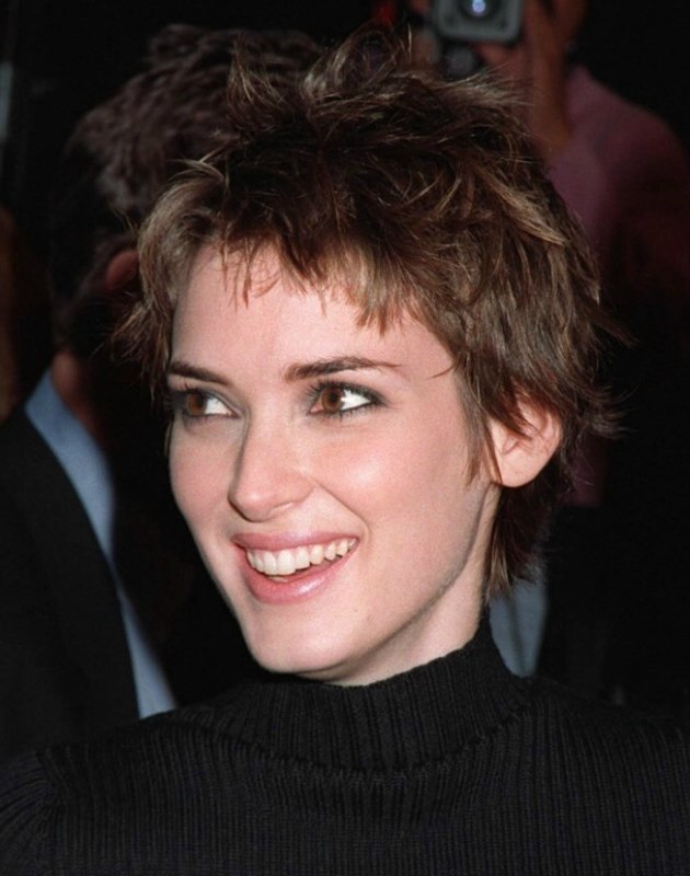 winona ryder  short pixie cut with a longer neck and a