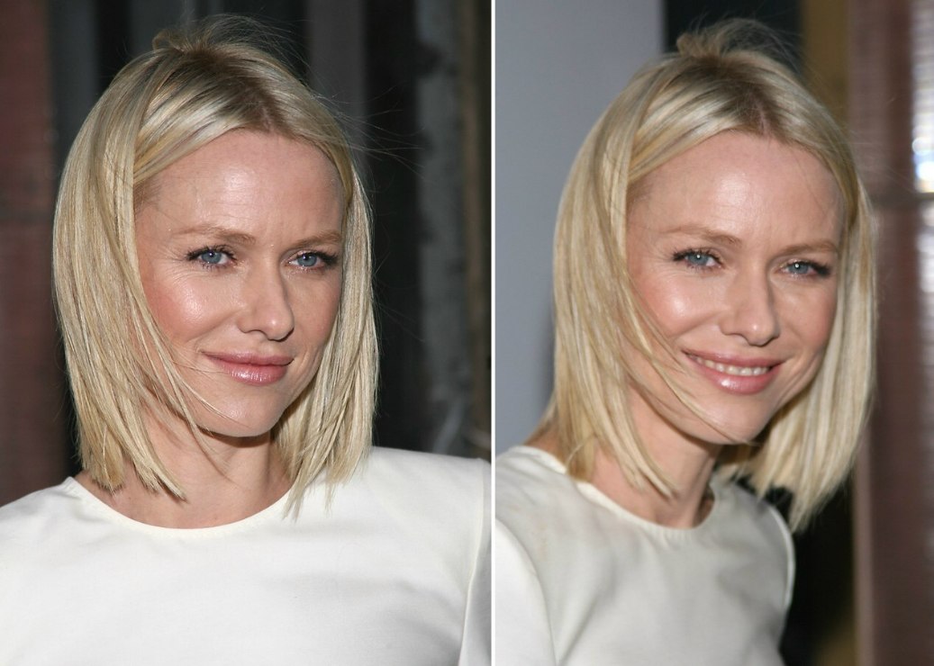 Naomi Watts with her blond hair cut into a medium length blunt hairstyle