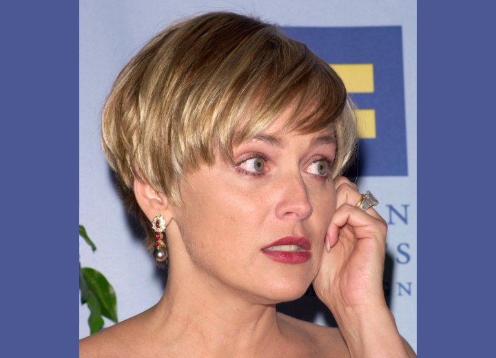 Sharon Stone - Hair in a pixie cut with tapered nape