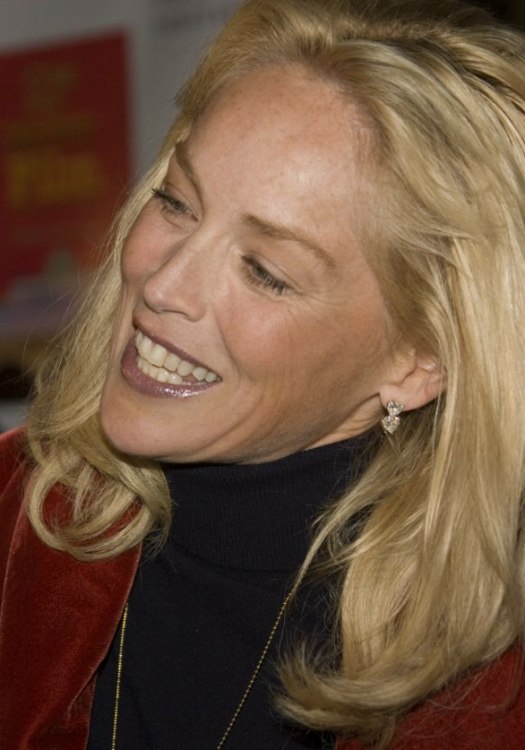 Sharon Stone wearing her hair long with curls