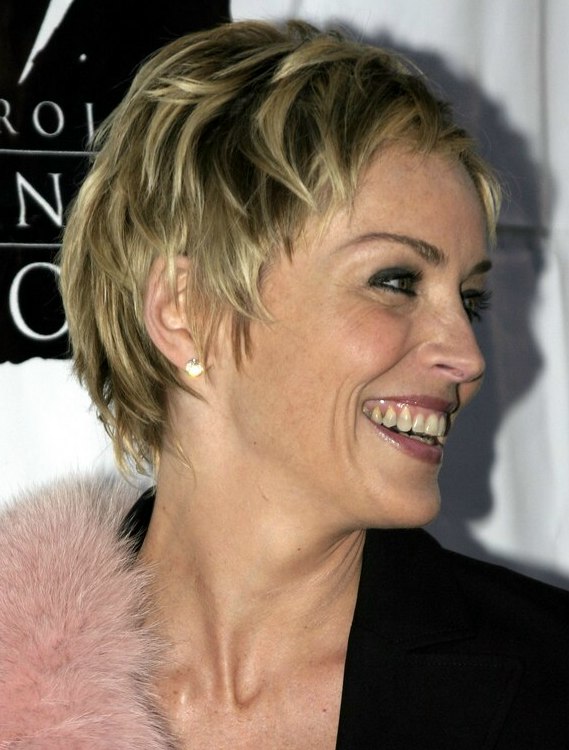 Sharon Stone wearing her hair short in a layered pixie