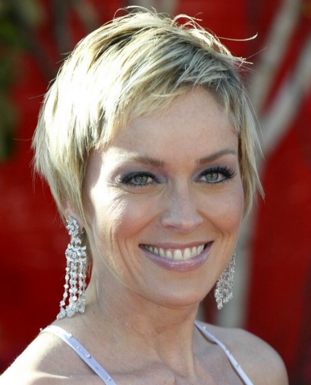 sharon stone hair  smooth short razor cut with length in