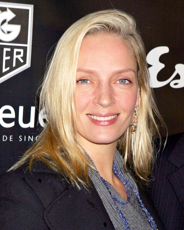 Uma Thurman  Long hair cut in chops and smoothed down