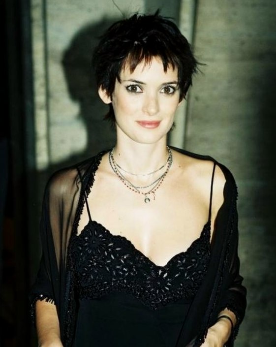 Winona Ryder sporting a short and spiky above the ears haircut