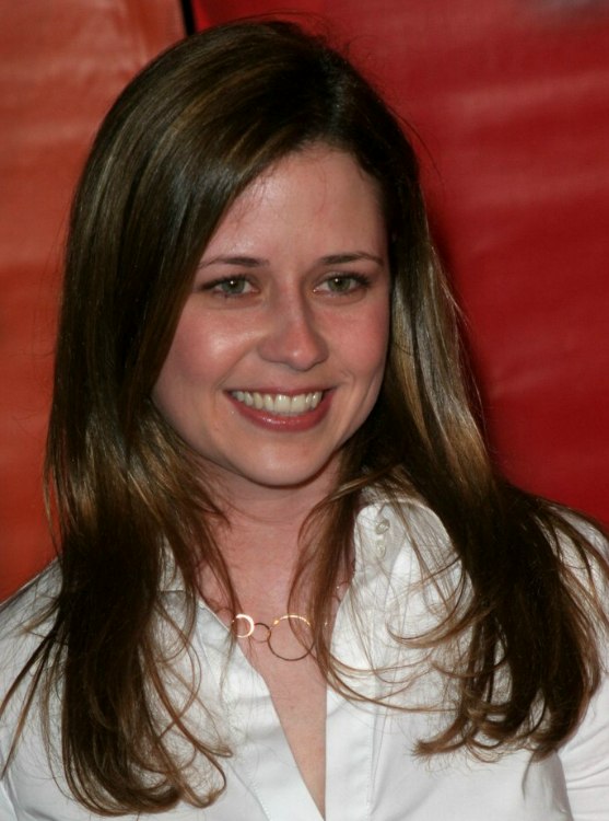 Jenna Fischer's long straight hair styled for an 