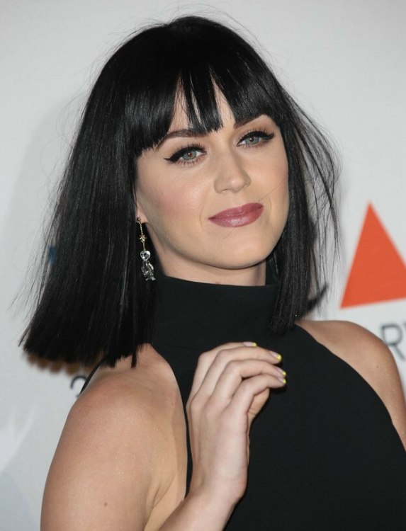 Katy Perry  Black hair cut very blunt at the shoulder line