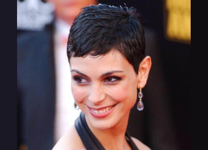 Morena Baccarin with her hair in a practical pixie cut