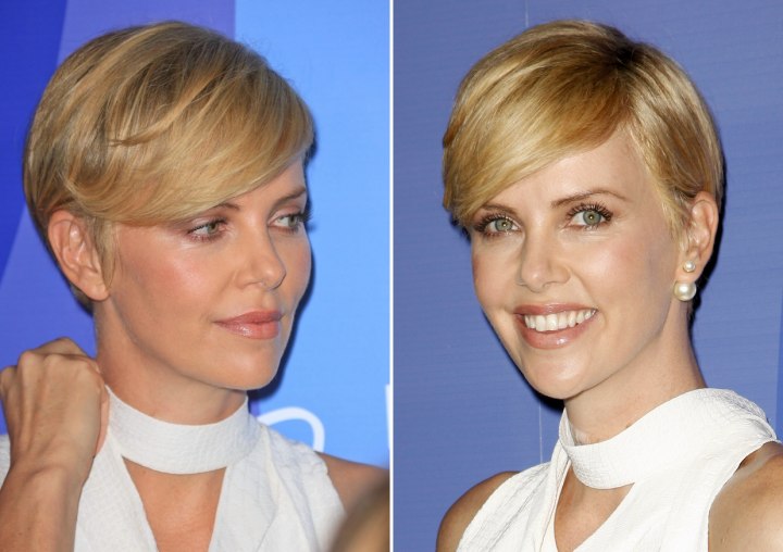 Charlize Theron with her hair in a soft pixie