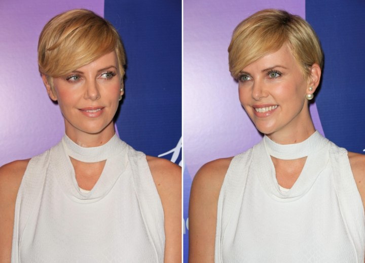 Charlize Theron with her blonde hair in a pixie cut