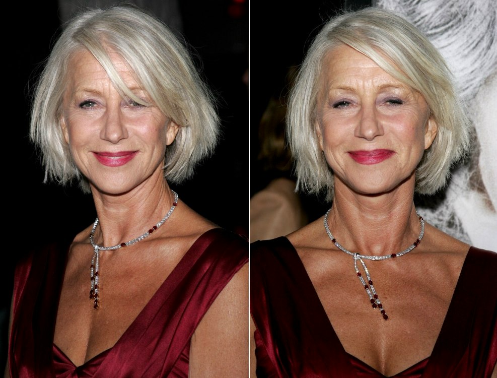 helen mirren with her silver hair cut to a chin length bob