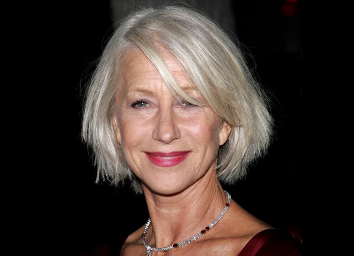 Helen Mirren wearing her gray hair in a bob