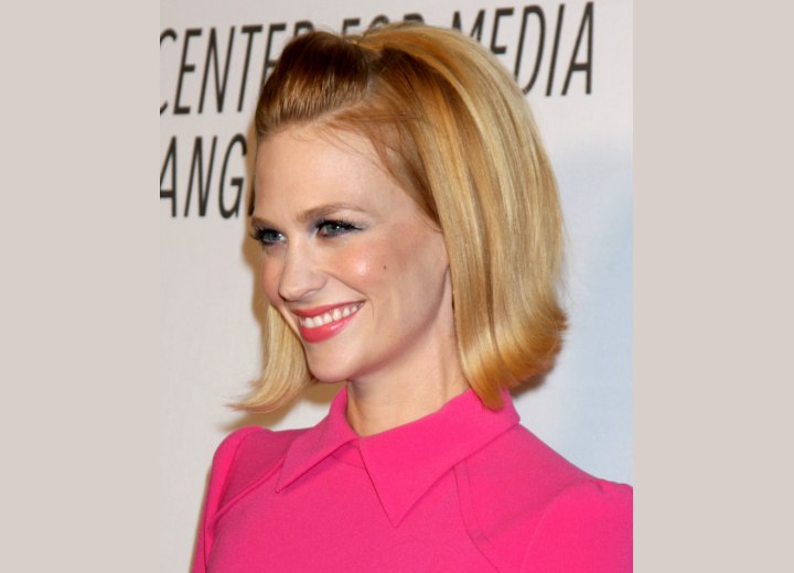 Side view January Jones youthful hairstyle