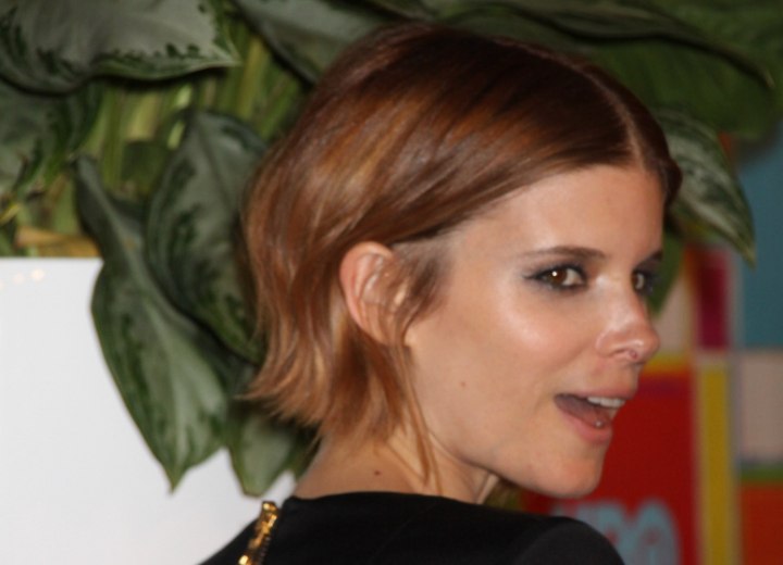 Side view of Kate Mara's short hair