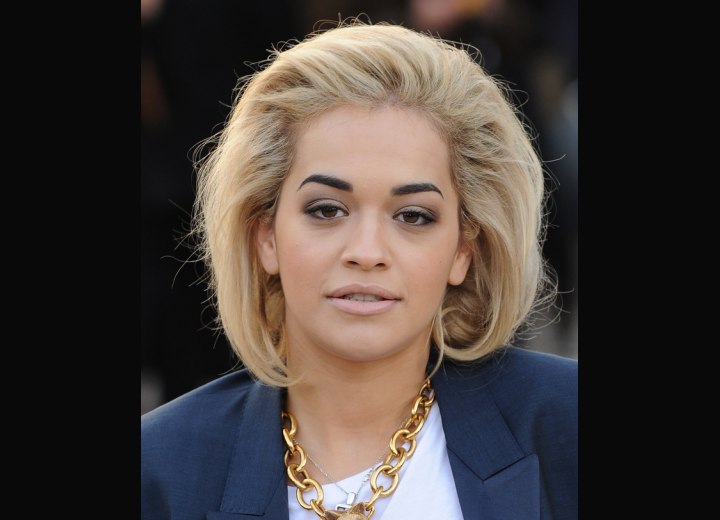 Rita Ora with her hair in a faux asymmetrical bob