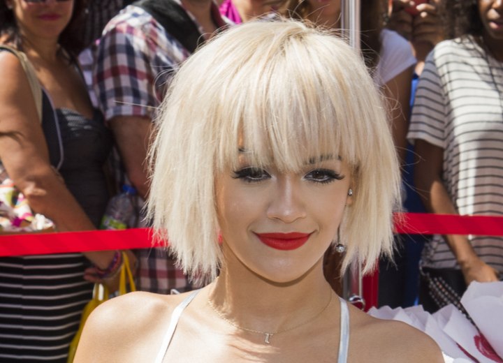 Rita Ora Platinum Blonde Hair In A Short Bob With Bangs