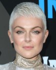 Serinda Swan's bleached hair in a very short pixie cut